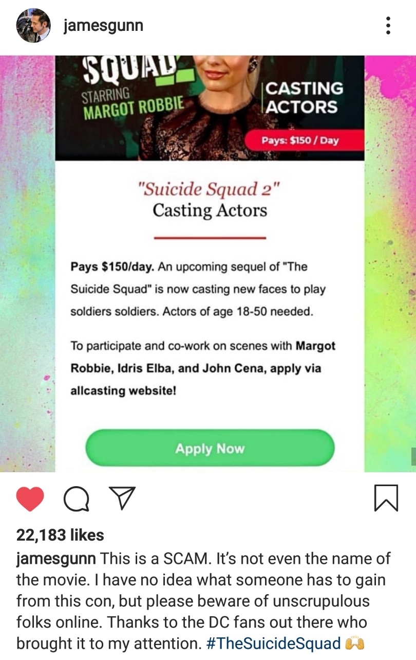 web page - jamesgunn Squals Starring Margot Robbie Casting Actors Pays $150 Day "Suicide Squad 2" Casting Actors Pays $150day. An upcoming sequel of "The Suicide Squad" is now casting new faces to play soldiers soldiers. Actors of age 1850 needed. To part