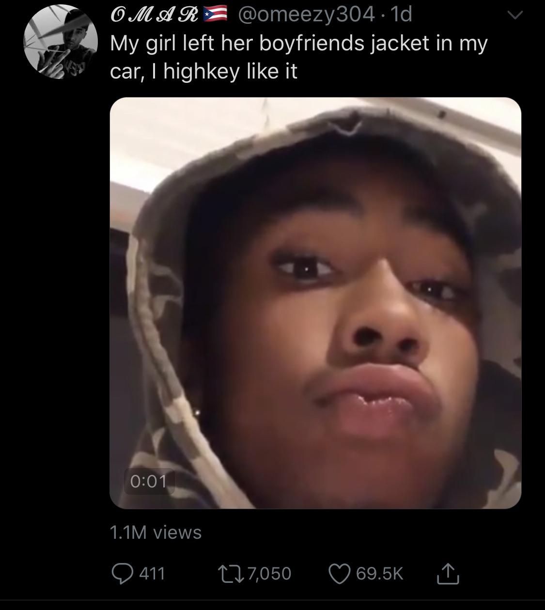 photo caption - Om Ar .1d, My girl left her boyfriends jacket in my car, I highkey it 1.1M views 2 411 277,050