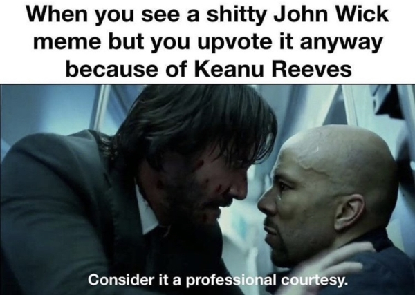 john wick consider it a professional courtesy - When you see a shitty John Wick meme but you upvote it anyway because of Keanu Reeves Consider it a professional courtesy.