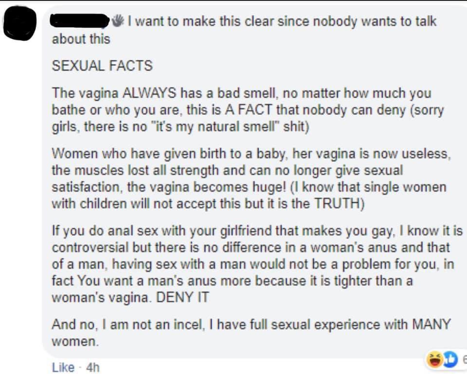 screenshot - I want to make this clear since nobody wants to talk about this Sexual Facts The vagina Always has a bad smell, no matter how much you bathe or who you are, this is A Fact that nobody can deny sorry girls, there is no "it's my natural smell" 