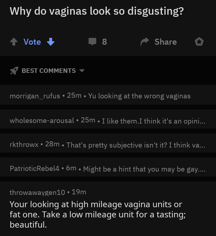 screenshot - Why do vaginas look so disgusting? Vote 18 o Best morrigan_rufus 25m Yu looking at the wrong vaginas wholesomearousal 25m I them.I think it's an opini... rkthrowx 28m . That's pretty subjective isn't it? I think va... PatrioticRebel4.6m Might