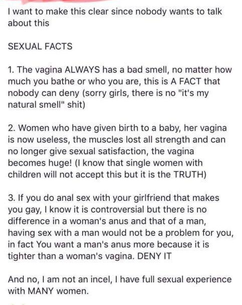 document - I want to make this clear since nobody wants to talk about this Sexual Facts 1. The vagina Always has a bad smell, no matter how much you bathe or who you are, this is A Fact that nobody can deny sorry girls, there is no "it's my natural smell"