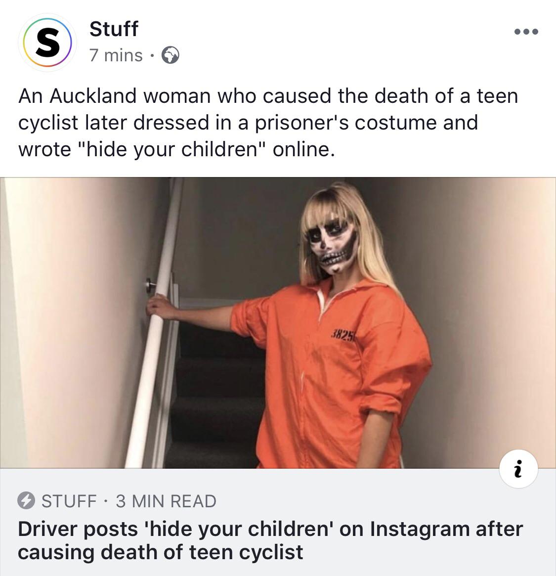 Stuff 7 mins An Auckland woman who caused the death of a teen cyclist later dressed in a prisoner's costume and wrote