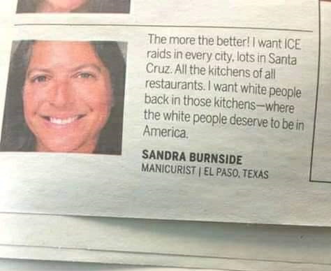 The more the better! I want Ice raids in every city, lots in Santa Cruz. All the kitchens of all restaurants. I want white people back in those kitchenswhere the white people deserve to be in America. Sandra Burnside Manicurist | El Paso, Texas
