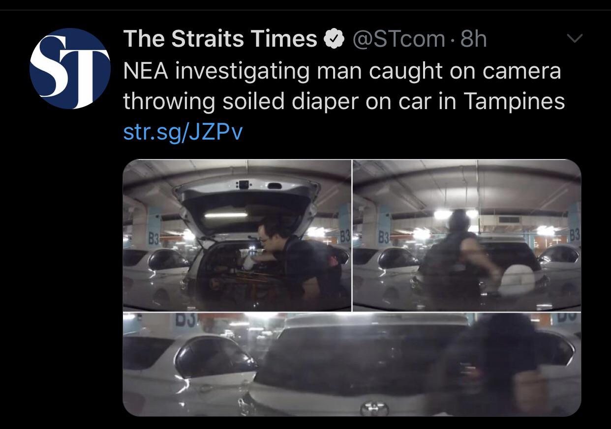 car - The Straits Times 8h Nea investigating man caught on camera throwing soiled diaper on car in Tampines str.sgJzpv