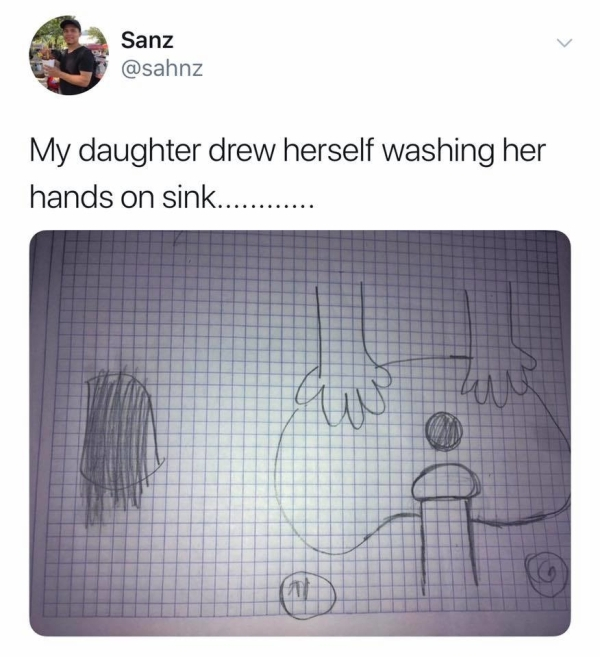 Sanz My daughter drew herself washing her hands on sink..