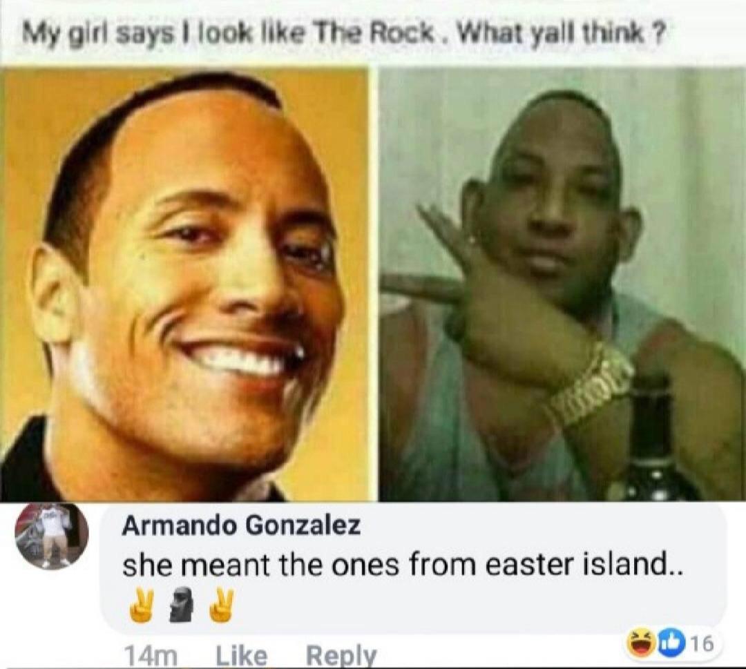 my girl says i look like the rock - My girl says I look The Rock. What yall think? Armando Gonzalez she meant the ones from easter island.. 14m 16