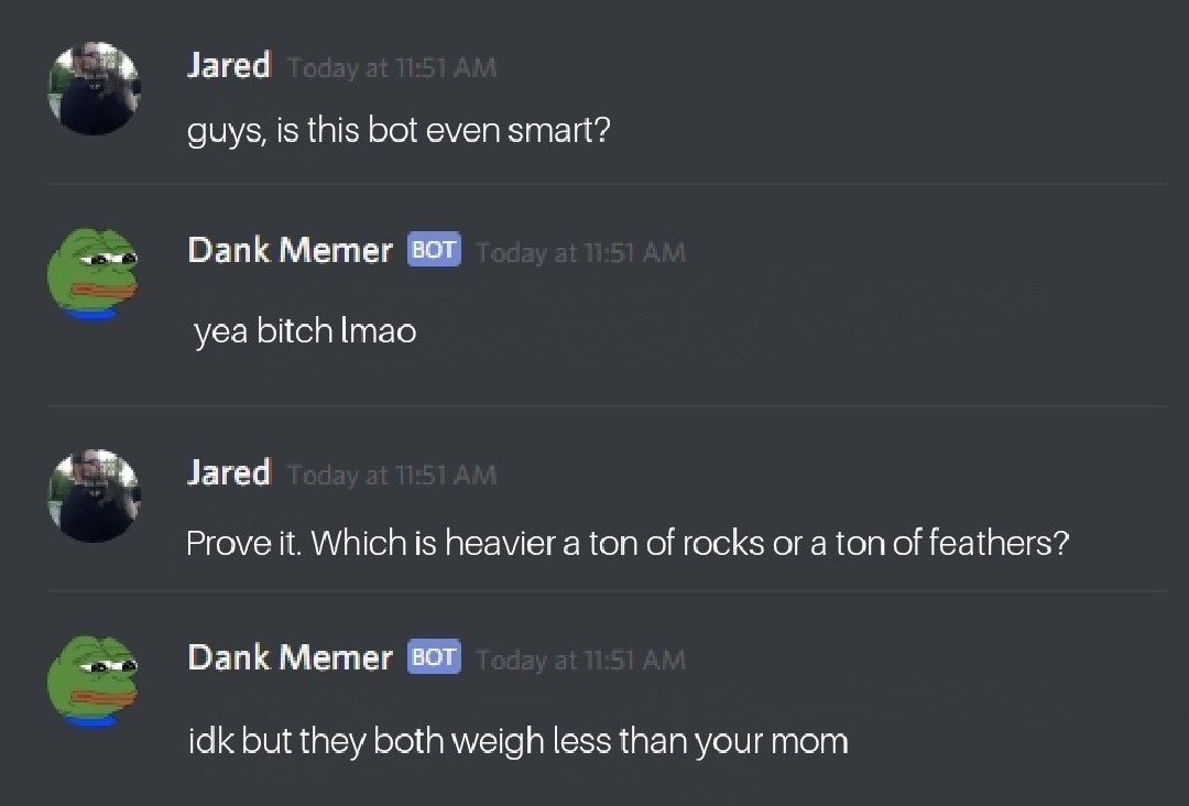 screenshot - Jared Today at guys, is this bot even smart? Dank Memer Bot Today at yea bitch Imao Jared Today at Prove it. Which is heavier a ton of rocks or a ton of feathers? Dank Memer Bot Today at idk but they both weigh less than your mom