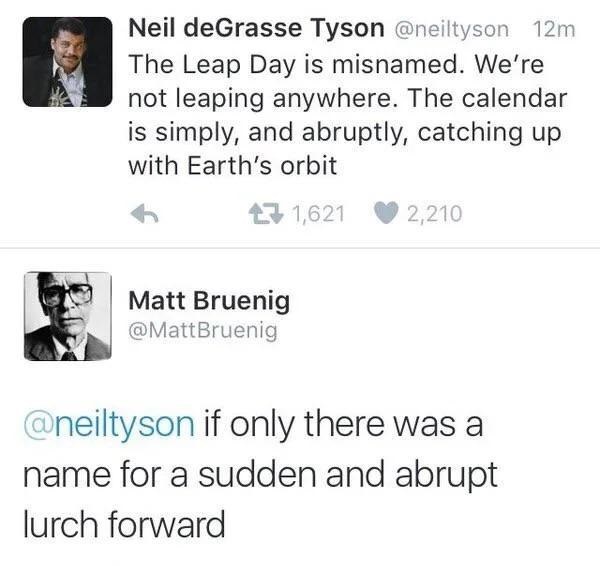 sudden and abrupt lurch forward - Neil deGrasse Tyson 12m The Leap Day is misnamed. We're not leaping anywhere. The calendar is simply, and abruptly, catching up with Earth's orbit 6 3 1,621 2,210 Matt Bruenig Bruenig if only there was a name for a sudden