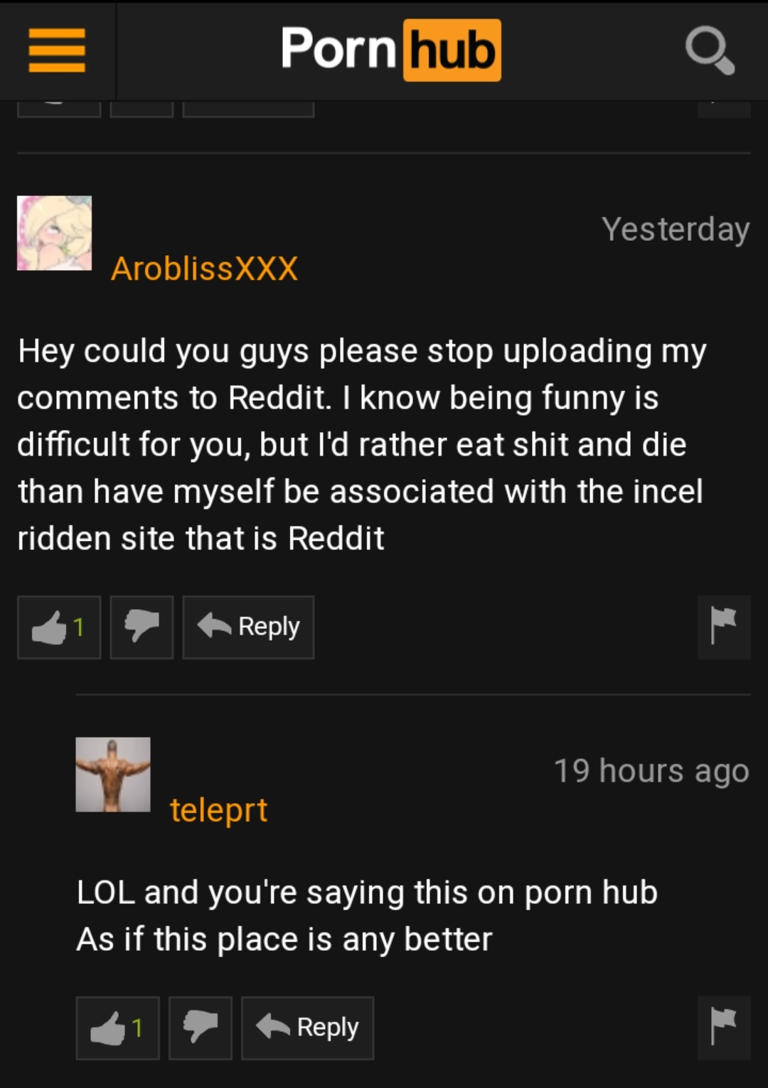 screenshot - Porn hub Yesterday Arobliss Xxx Hey could you guys please stop uploading my to Reddit. I know being funny is difficult for you, but I'd rather eat shit and die than have myself be associated with the incel ridden site that is Reddit 19 hours 