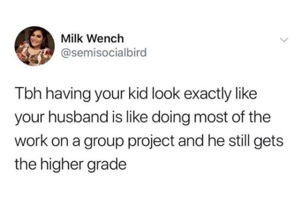 Meme - Milk Wench Tbh having your kid look exactly your husband is doing most of the work on a group project and he still gets the higher grade