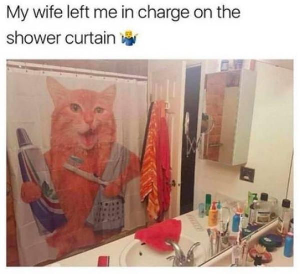 my wife left me in charge - My wife left me in charge on the shower curtain word