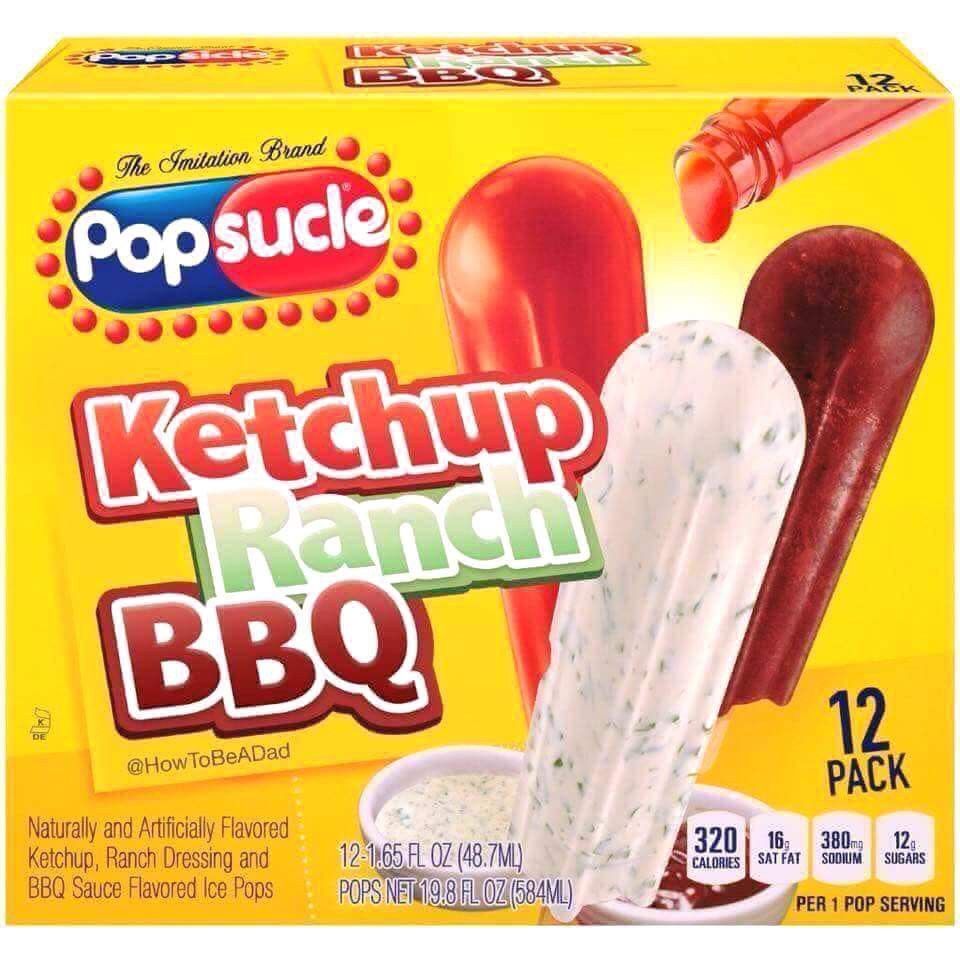 ranch and ketchup - The Imitation Brand popsucle Ketchup Bbq Pack Naturally and Artificially Flavored Ketchup, Ranch Dressing and Bbq Sauce Flavored Ice Pops 128 32016. Calories Sat Fat 380m Sodium Sugars 121.65 Fl Oz 48.7ML Pops Net 19.8 Al Oz 584ML Per 