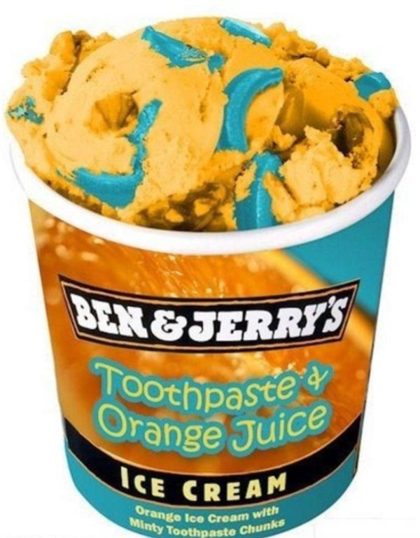 cursed image toothpaste and orange juice ice cream - Ben&Jerry'S Oothpaste osted Orange Juice Ice Cream ange Ice Cream w Minty Tooth Toothpaste chunks