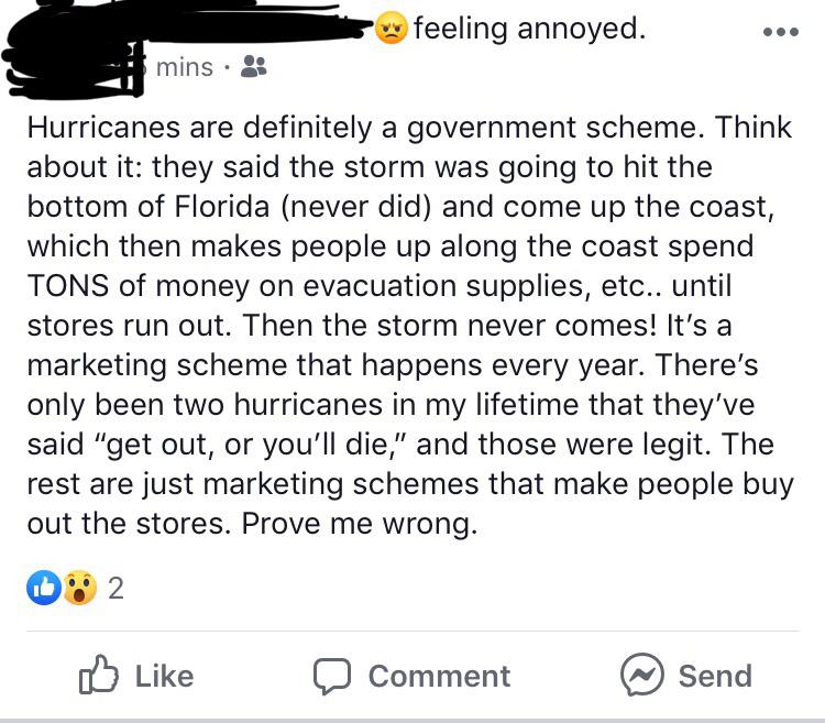 funny iphone conversations - feeling annoyed. mins Hurricanes are definitely a government scheme. Think about it they said the storm was going to hit the bottom of Florida never did and come up the coast, which then makes people up along the coast spend T