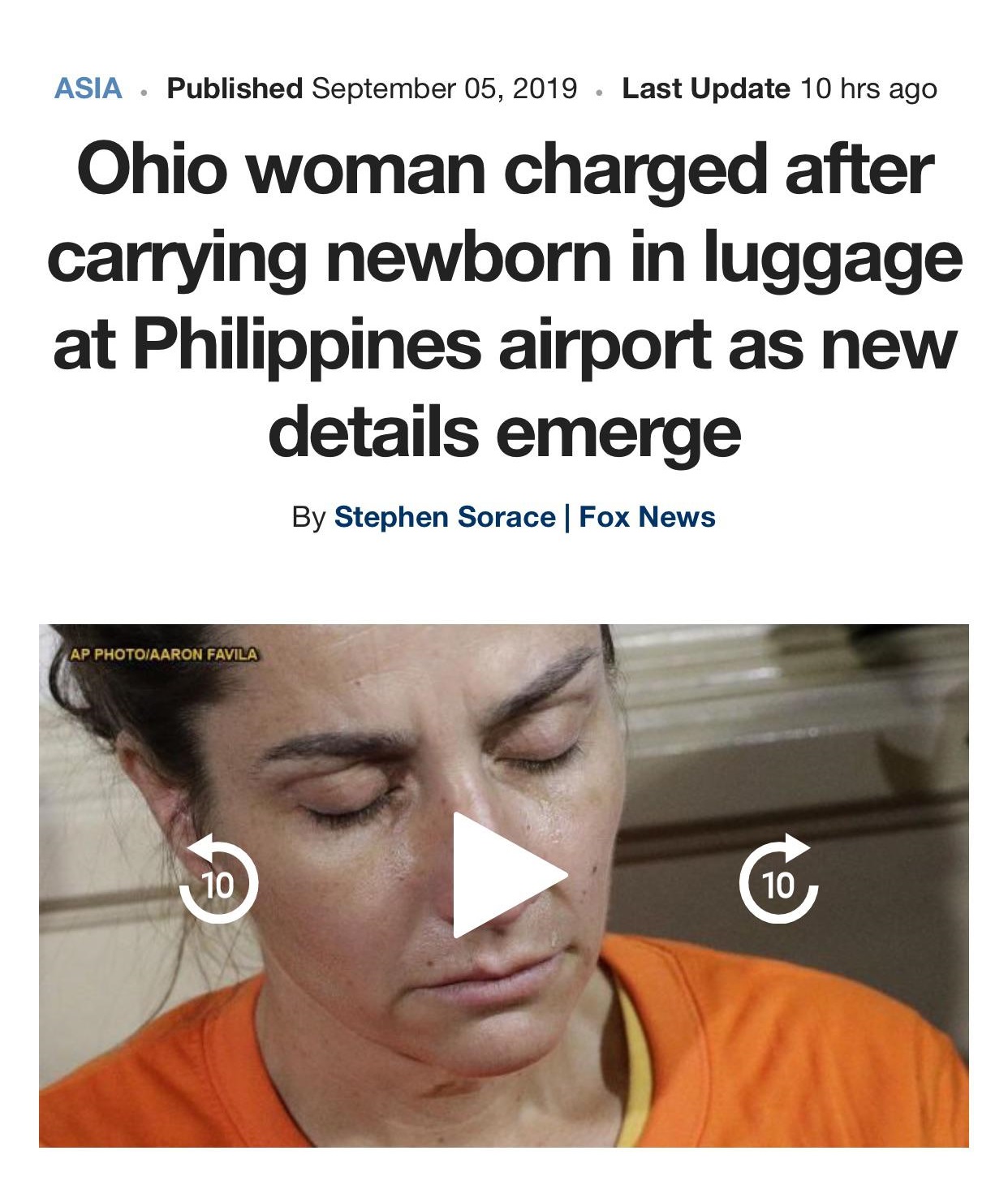 seagate - Asia . Published Last Update 10 hrs ago Ohio woman charged after carrying newborn in luggage at Philippines airport as new details emerge By Stephen Sorace | Fox News Ap Photoiaaron Favila