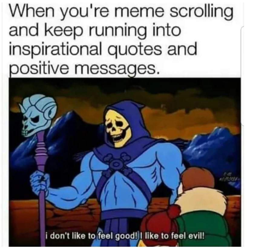 skeletor meme - When you're meme scrolling and keep running into inspirational quotes and positive messages. i don't to feel good! I to feel evil!