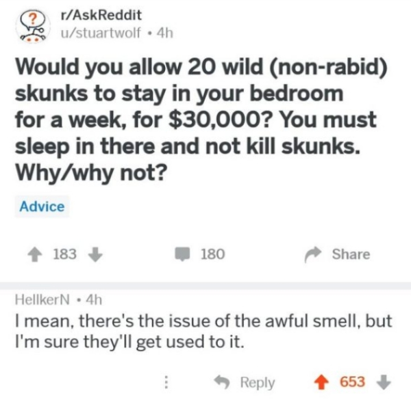 do you make an appendix - rAskReddit ustuartwolf. 4h Would you allow 20 wild nonrabid skunks to stay in your bedroom for a week, for $30,000? You must sleep in there and not kill skunks. Whywhy not? Advice 183 180 HellkerN . 4h I mean, there's the issue o