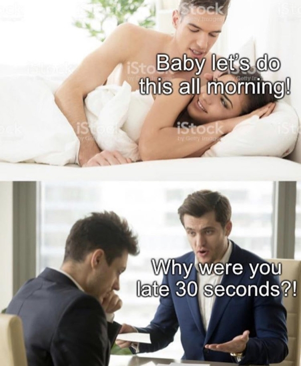 conversation with employees - Stoc Baby let's do this all morning! iStock Why were you late 30 seconds?!
