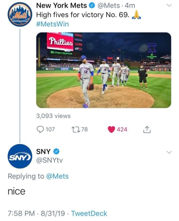 logos and uniforms of the new york mets - New York Mets . 4m High fives for victory No. 69. Phillies Cins Bank 3,093 views 0107 2778 424 Sny Sny nice 83119 TweetDeck