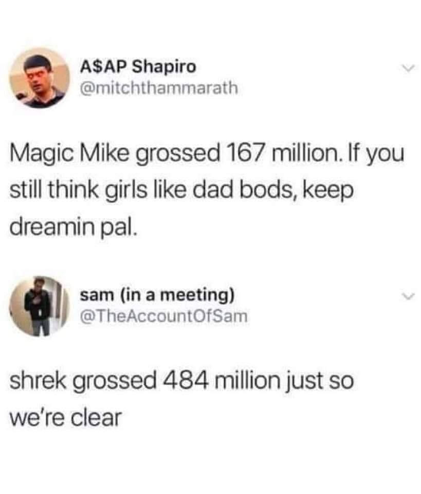 you trippin tweets - A$Ap Shapiro Magic Mike grossed 167 million. If you still think girls dad bods, keep dreamin pal. sam in a meeting shrek grossed 484 million just so we're clear