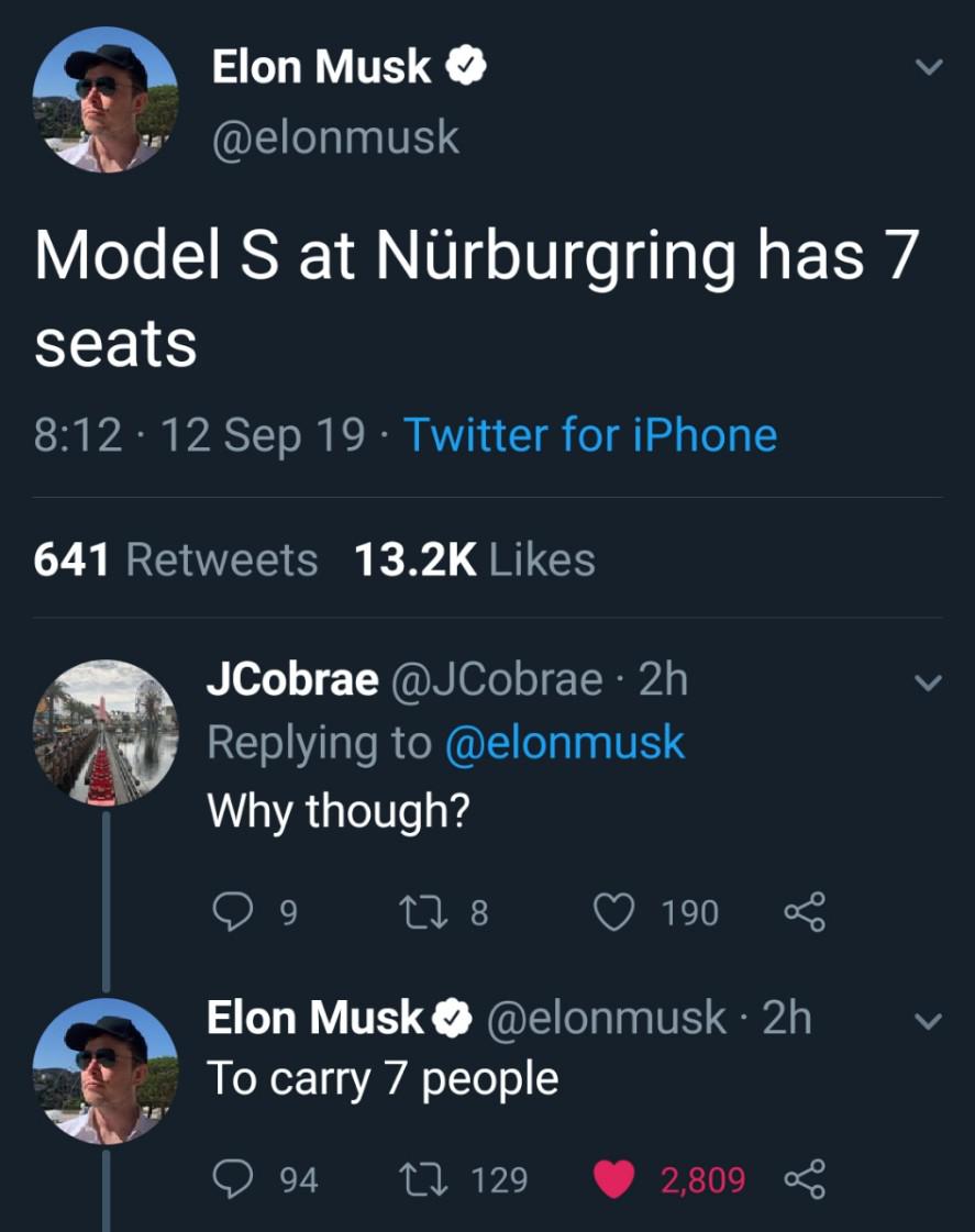 screenshot - Elon Musk Model S at Nrburgring has 7 seats 12 Sep 19 Twitter for iPhone 641 JCobrae 2h Why though? 29 278 190 Elon Musk 2h To carry 7 people 94 22 129 2,809