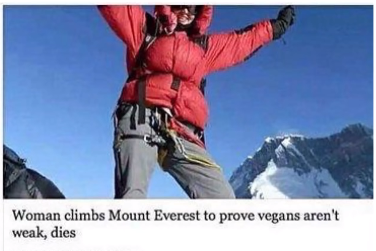 least she died doing what she loved telling everyone she was vegan - Woman climbs Mount Everest to prove vegans aren't weak, dies