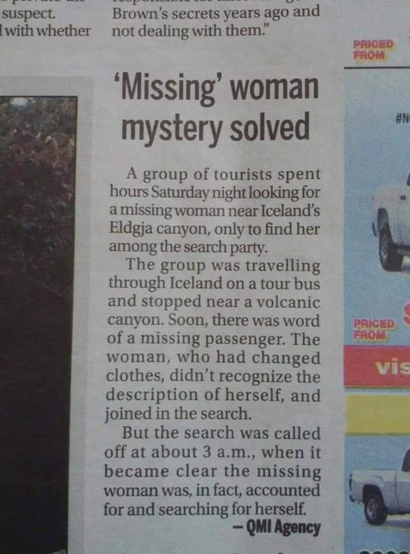 missing woman mystery solved qmi agency - suspect. with whether Brown's secrets years ago and not dealing with them." Priced From "Missing' woman mystery solved Bn Priced A group of tourists spent hours Saturday night looking for a missing woman near Icel