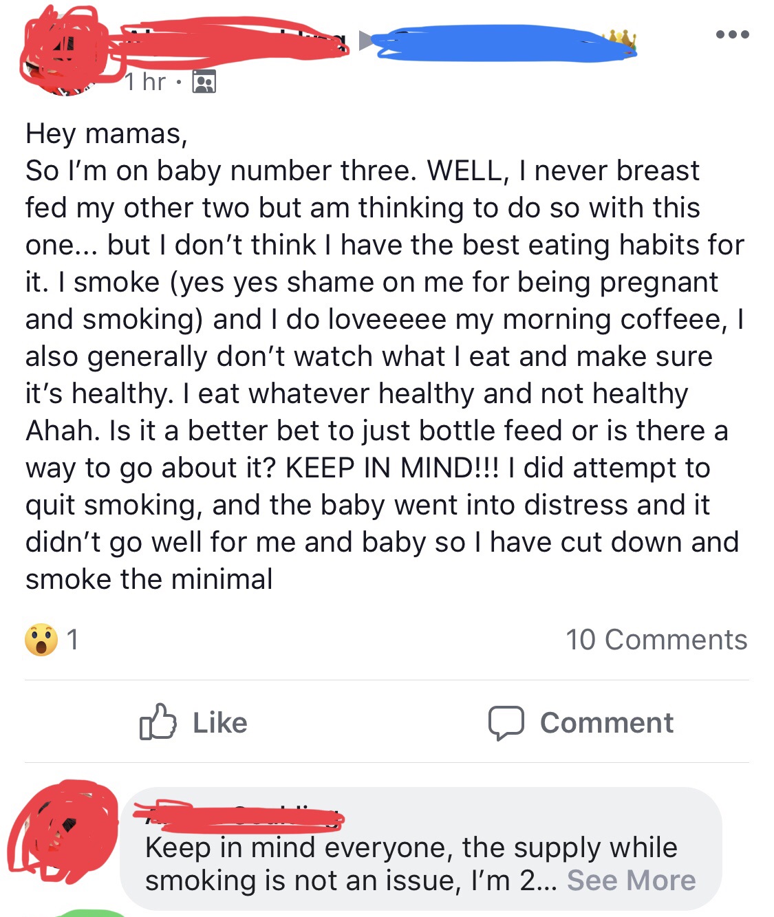 angle - 1 hr 09 Hey mamas, So I'm on baby number three. Well, I never breast fed my other two but am thinking to do so with this one... but I don't think I have the best eating habits for it. I smoke yes yes shame on me for being pregnant and smoking and