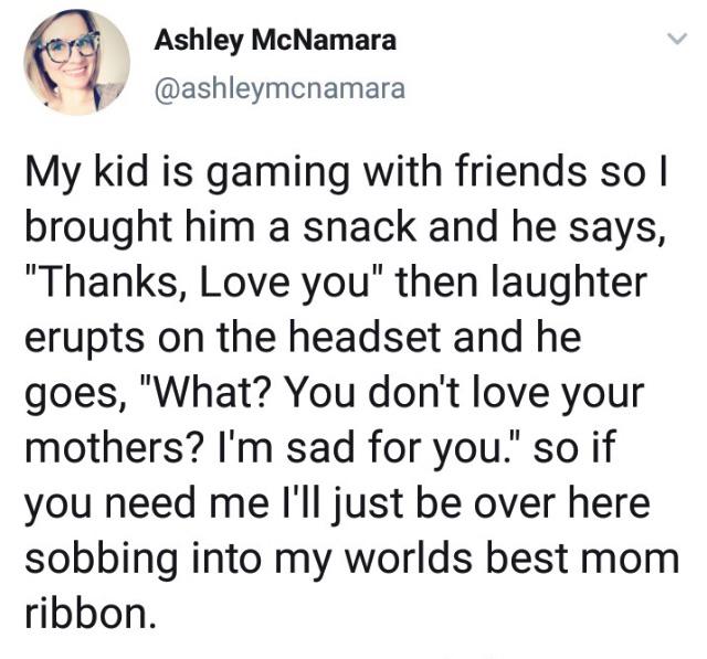 point - Ashley McNamara My kid is gaming with friends so I brought him a snack and he says, "Thanks, Love you" then laughter erupts on the headset and he goes, "What? You don't love your mothers? I'm sad for you." so if you need me I'll just be over here 