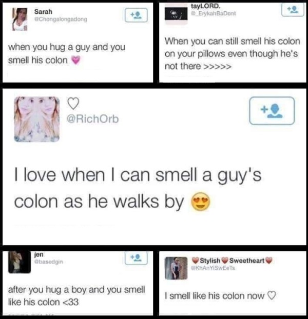 smell of colon meme - Sarah Chongalongadong tayLORD. Erykah BaDont when you hug a guy and you smell his colon When you can still smell his colon on your pillows even though he's not there >>>>> {"?orichOrb I love when I can smell a guy's colon as he walks