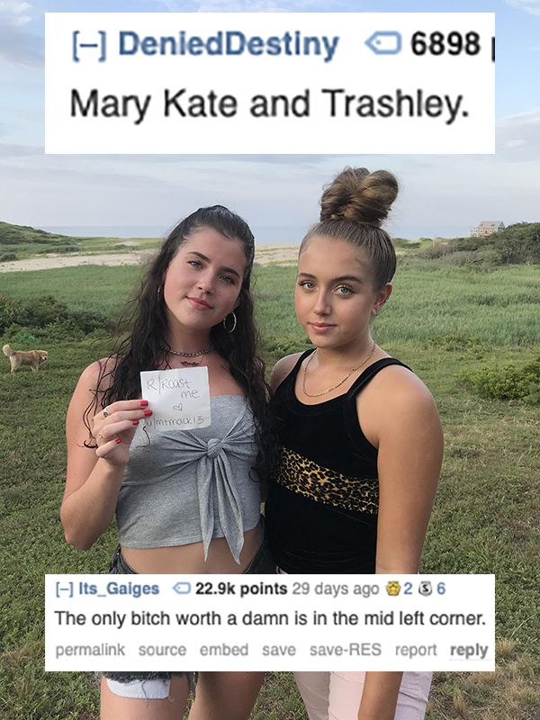 roast girl - DeniedDestiny 6898 | Mary Kate and Trashley. R Roaste mirock 13 Its_Galges points 29 days ago 236 The only bitch worth a damn is in the mid left corner. permalink source embed save saveRes report