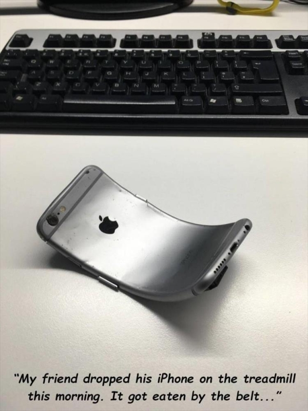 iphone 4 - "My friend dropped his iPhone on the treadmill this morning. It got eaten by the belt..."