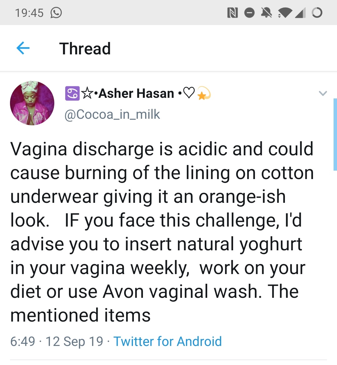 web page - No40 Thread Asher Hasan A Vagina discharge is acidic and could cause burning of the lining on cotton underwear giving it an orangeish look. If you face this challenge, I'd advise you to insert natural yoghurt in your vagina weekly, work on your