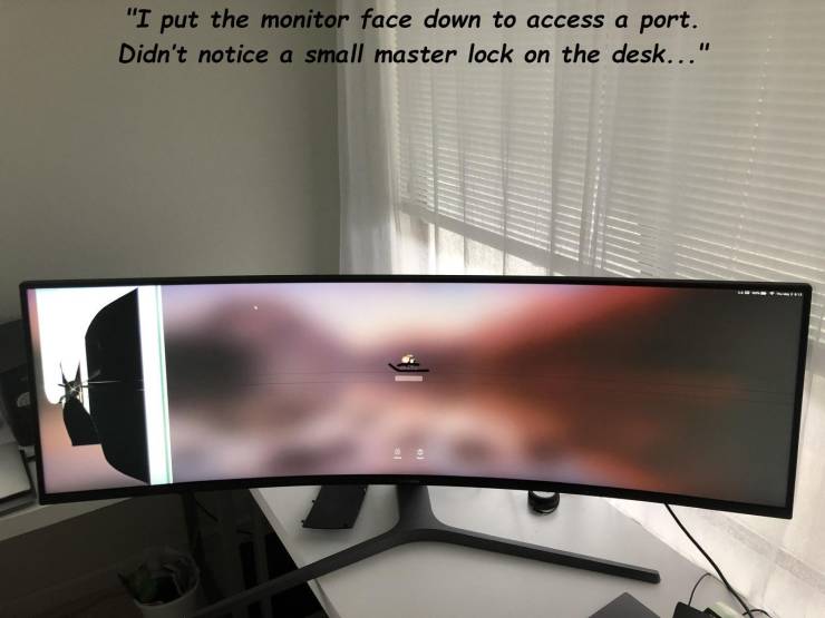 computer monitor - "I put the monitor face down to access a port. Didn't notice a small master lock on the desk..."