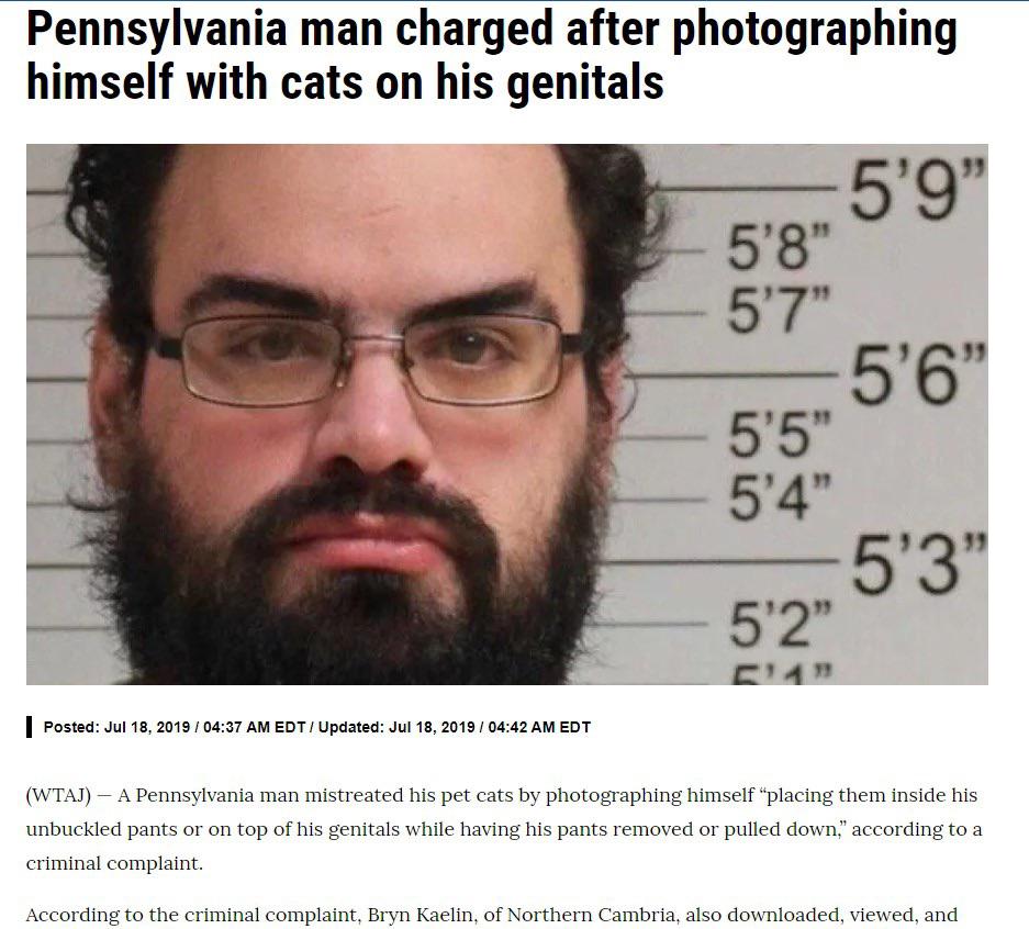 beard - Pennsylvania man charged after photographing himself with cats on his genitals 5'9" 5'5" 54 945'3" h | Posted Edt Updated Edt Wtaj A Pennsylvania man mistreated his pet cats by photographing himself placing them inside his unbuckled pants or on to
