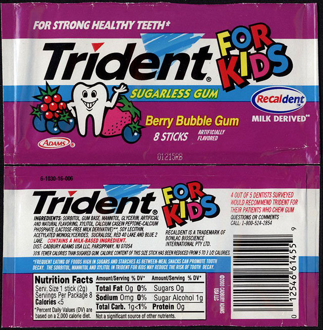 90s nostalgia trident for kids - For Strong Healthy Teeth Trident vos Sugarless Gum Recaldent Milk Derived" Berry Bubble Gum 8 Sticks Artirgially Adams 01215B 66 For Trident is 4 Out Of 5 Dentists Surveyed Would Recommend Trident For Their Patients Who Ch