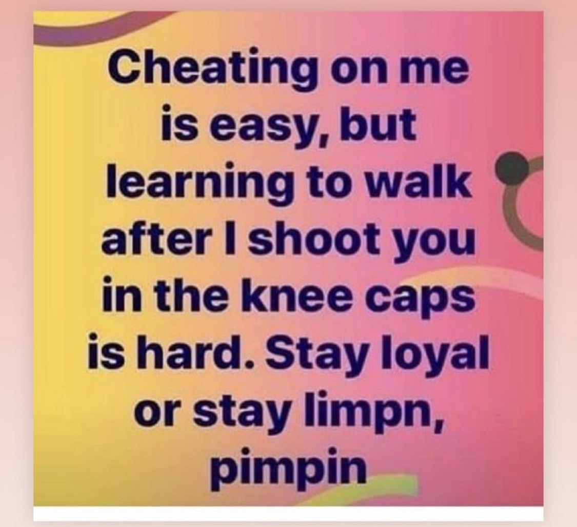 high kings - Cheating on me is easy, but learning to walk after I shoot you in the knee caps is hard. Stay loyal or stay limpn, pimpin