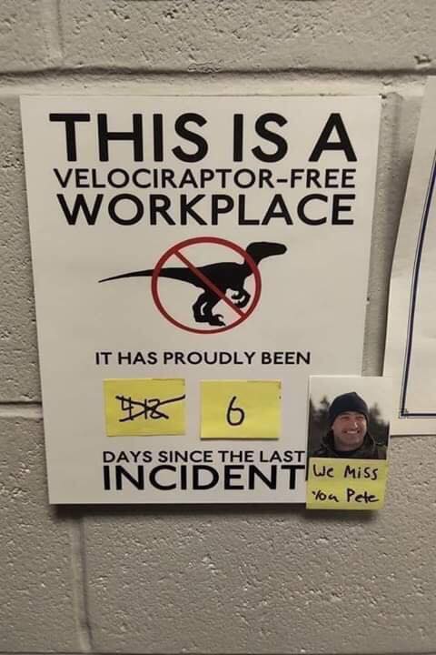 funny miss you memes - This Is A VelociraptorFree Workplace It Has Proudly Been 8 6 Days Since The Last Incident We Miss You Pete
