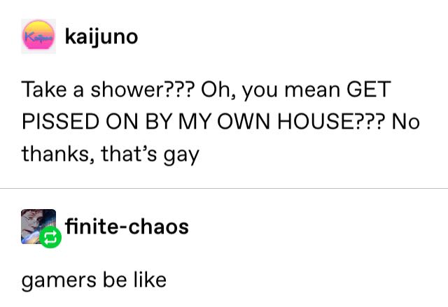 Kykaijuno Take a shower??? Oh, you mean Get Pissed On By My Own House??? No thanks, that's gay finitechaos gamers be