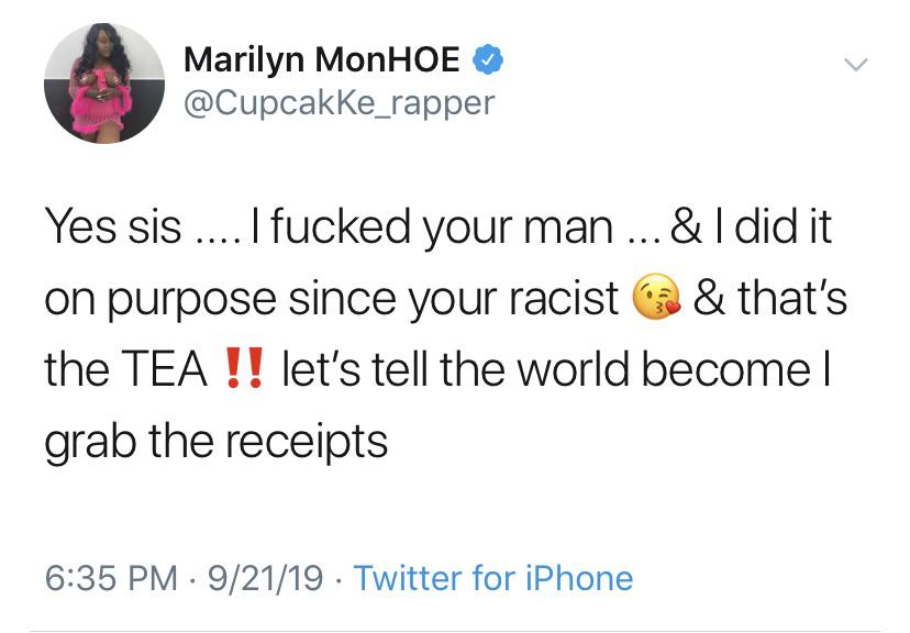black twitter - Marilyn MonHOE Yes sis .... I fucked your man ... & I did it on purpose since your racist & that's the Tea !! let's tell the world become|| grab the receipts