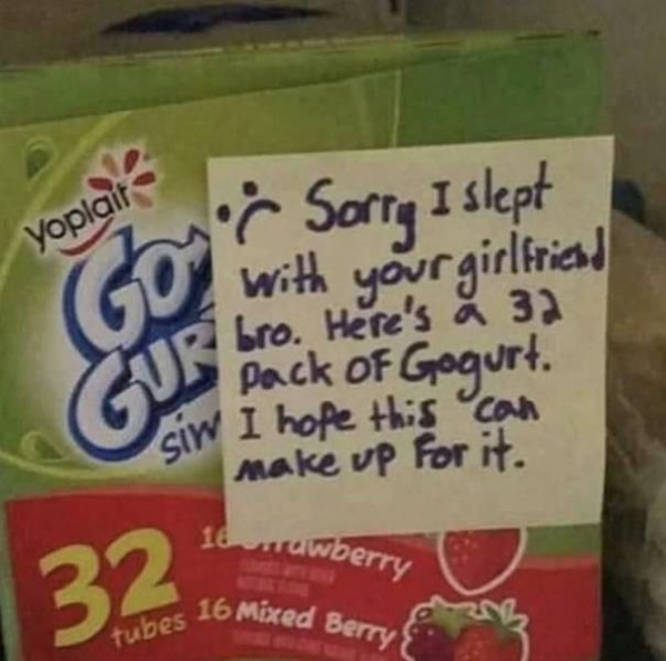 produce - Yoplait sir Sorry I slept Go with your girlfriad bro. Here's 32 Pack of Gogurt. ciw I hope this can make up for it. 1erawberry 32 es 16 Mixed Berry tubes 16
