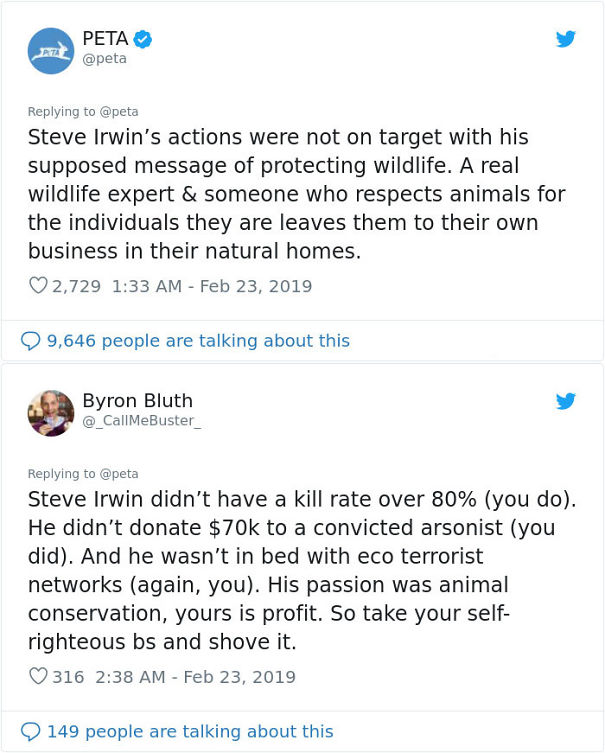 screenshot - Peta Steve Irwin's actions were not on target with his supposed message of protecting wildlife. A real wildlife expert & someone who respects animals for the individuals they are leaves them to their own business in their natural homes. 2,729
