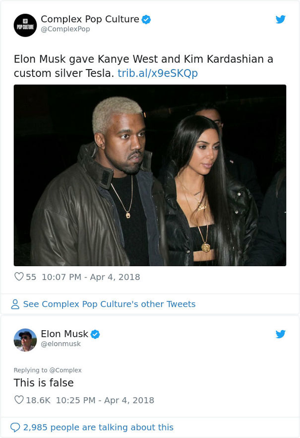 instagram kanye west - Complex Pop Culture Elon Musk gave Kanye West and Kim Kardashian a custom silver Tesla, trib.alx9 eSKQp 55 See Complex Pop Culture's other Tweets Elon Musk This is false 2,