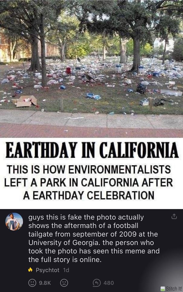 Earthday In California This Is How Environmentalists Left A Park In California After A Earthday Celebration guys this is fake the photo actually shows the aftermath of a football tailgate from september of 2009 at