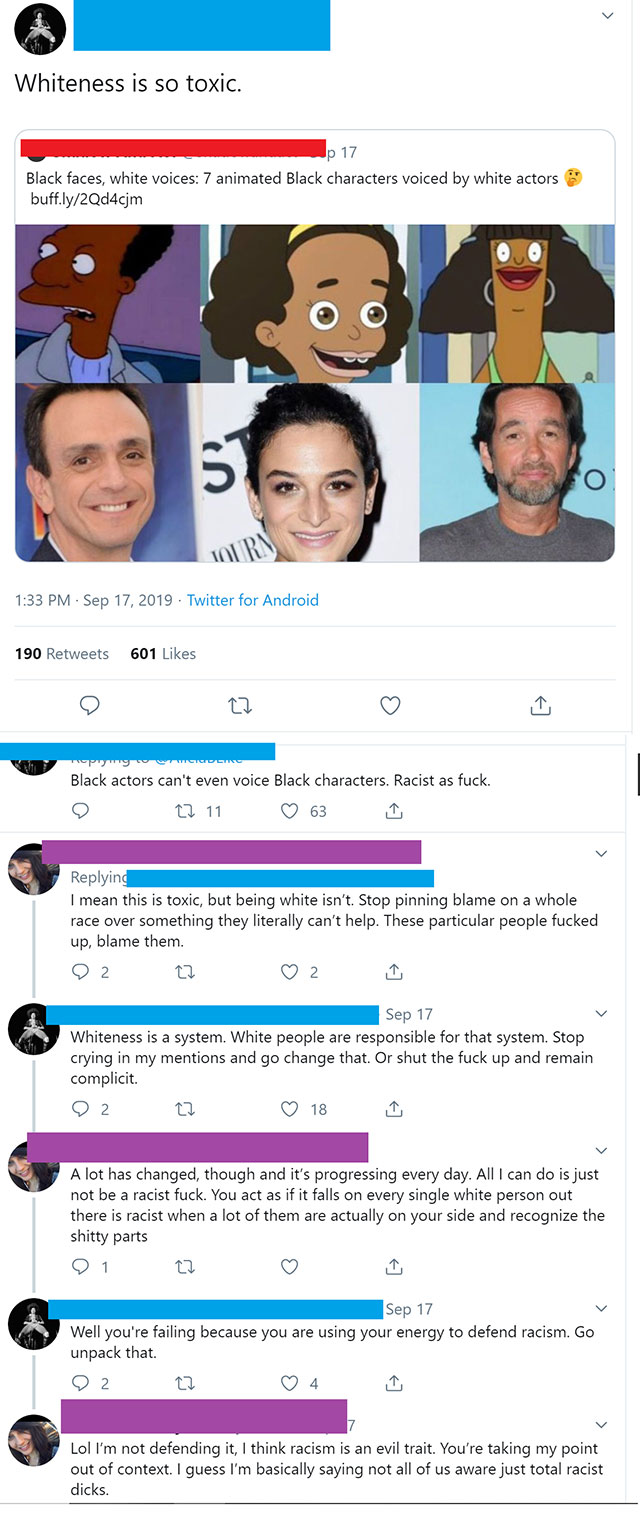 screenshot - Whiteness is so toxic. p 17 Black faces, white voices 7 animated Black characters voiced by white actors buff.ly2Qd4cm Tourn Twitter for Android 190 601 T rg Cciscing Black actors can't even voice Black characters. Racist as fuck. 2 22 11 63 