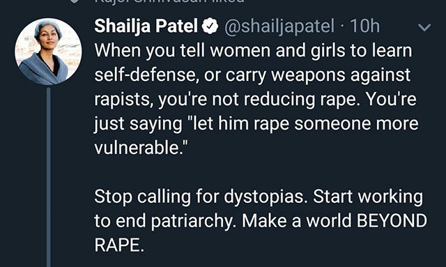 presentation - Shailja Patel 10h v When you tell women and girls to learn selfdefense, or carry weapons against rapists, you're not reducing rape. You're just saying "let him rape someone more vulnerable." Stop calling for dystopias. Start working to end 