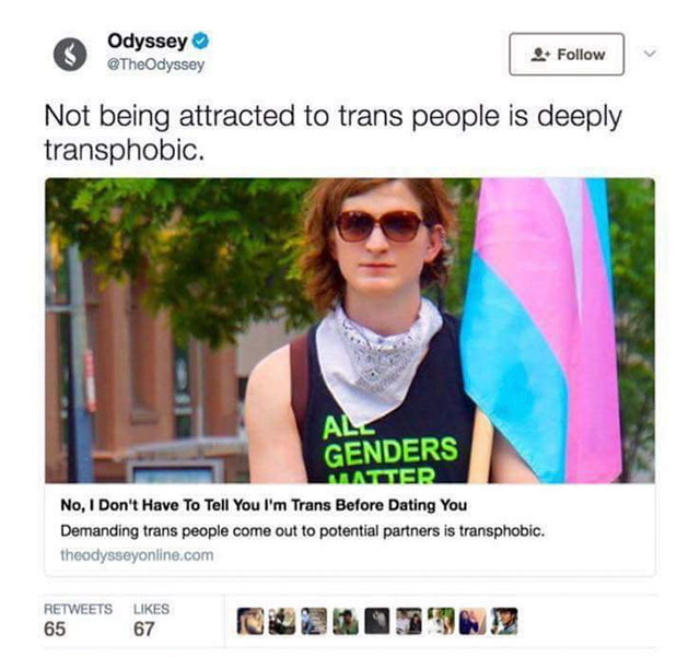 surprise mother f meme - Odyssey Not being attracted to trans people is deeply transphobic. A Genders Watoter No, I Don't Have To Tell You I'm Trans Before Dating You Demanding trans people come out to potential partners is transphobic. theodysseyonline.c