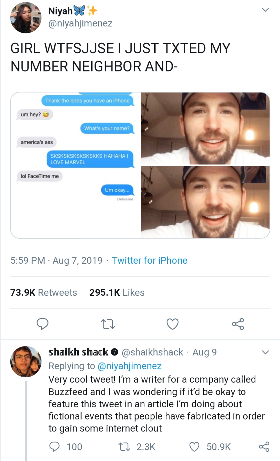number neighbor chris evans - Niyah Girl Wtfsjjse I Just Txted My Number Neighbor And O Me . Twitter for iPhone shaikh shack @ . Aug 9 Very cool tweet! I'm a writer for a company called Buzzfeed and I was wondering if it'd be okay to feature this tweet in