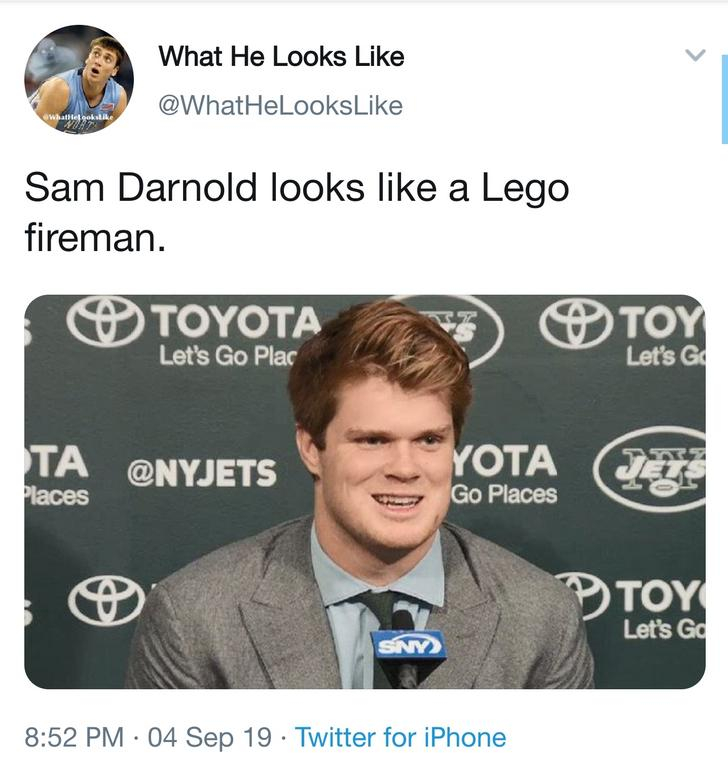 sam darnold lego fireman - What He Looks Sam Darnold looks a Lego fireman. Toyota Let's Go Plac Toy Let's Go Ta Y Ota C. Places Go Places Toy Let's Go Sny 04 Sep 19 Twitter for iPhone